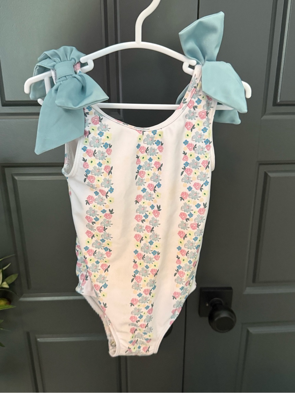BBS Girls One-Piece Floral Swim Suit with Mint Bow Straps - 2T
